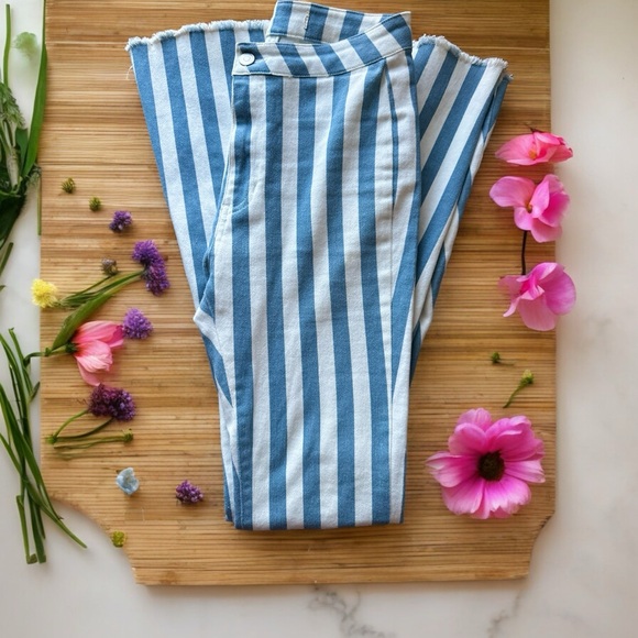 White & Light Blue Pin Stripe Super Flare Bell Bottom Flares - Picture 2 of 7